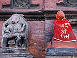 Kathmandu Patan Durbar Square 04 Statues Of Vishnu As Narsingha Man-Lion Disembowelling A Nasty Demon and Hanuman The Monkey God Outside Sundari Chowk 